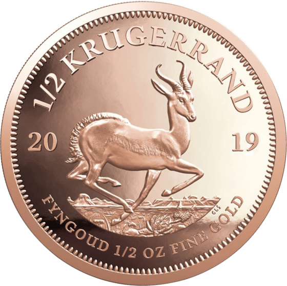 Seite mit dem Springbock im Sprung, darüber KRUGERRAND und links und rechts die Jahreszahl 2019