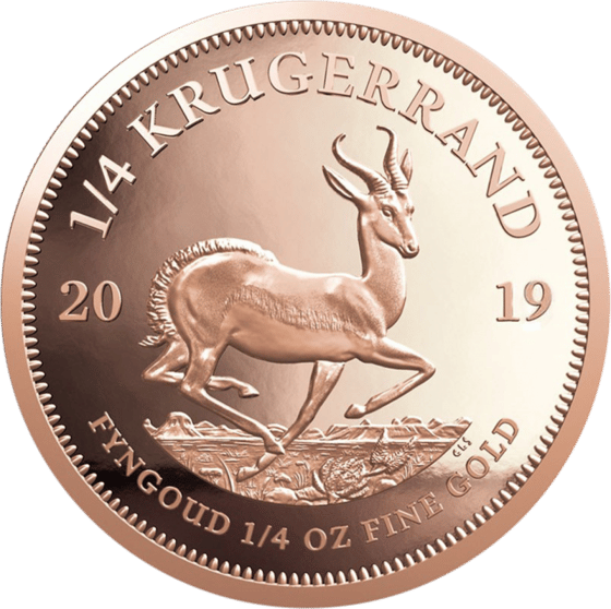 Lado con el springbok en pleno salto, encima la inscripción KRUGERRAND y a izquierda y derecha el año 2019