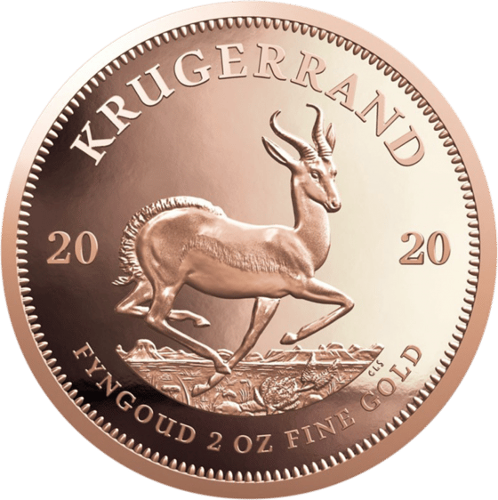 Lado con el springbok en pleno salto, encima la inscripción KRUGERRAND y a izquierda y derecha el año 2020