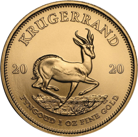 Seite mit dem Springbock im Sprung, darüber KRUGERRAND und links und rechts die Jahreszahl 2020