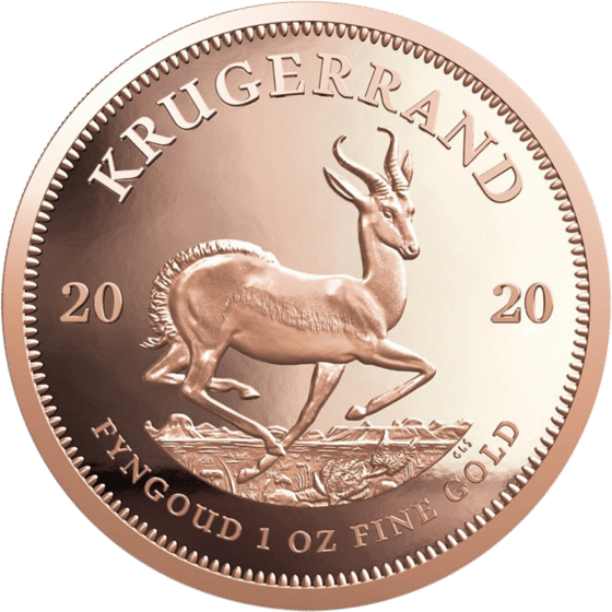 Seite mit dem Springbock im Sprung, darüber KRUGERRAND und links und rechts die Jahreszahl 2020