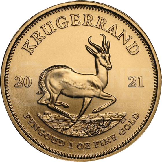 Lado con el springbok en pleno salto, encima la inscripción KRUGERRAND y a izquierda y derecha el año 2021