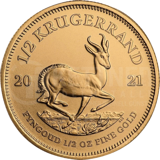 Seite mit dem Springbock im Sprung, darüber KRUGERRAND und links und rechts die Jahreszahl 2021