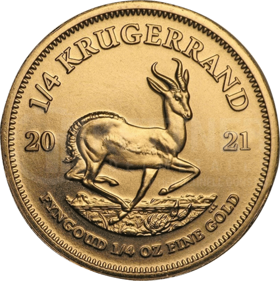 Seite mit dem Springbock im Sprung, darüber KRUGERRAND und links und rechts die Jahreszahl 2021