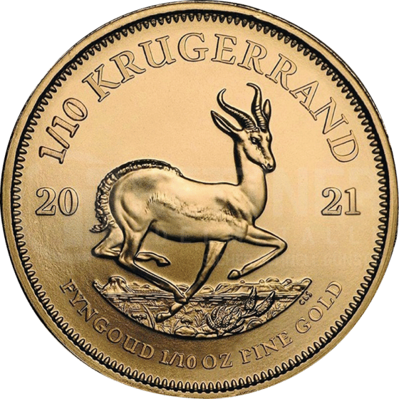 Lado con el springbok en pleno salto, encima la inscripción KRUGERRAND y a izquierda y derecha el año 2021