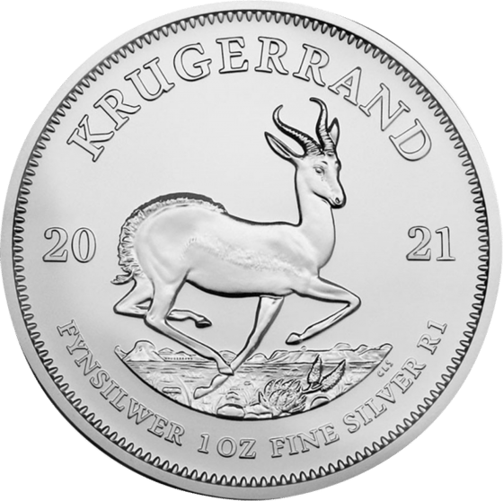 Seite mit dem Springbock im Sprung, darüber KRUGERRAND und links und rechts die Jahreszahl 2021