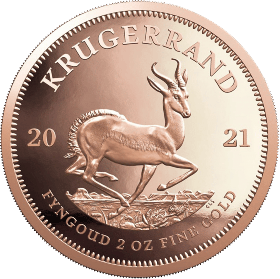 Lado con el springbok en pleno salto, encima la inscripción KRUGERRAND y a izquierda y derecha el año 2021