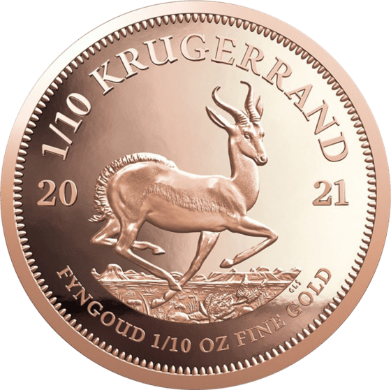 Seite mit dem Springbock im Sprung, darüber KRUGERRAND und links und rechts die Jahreszahl 2021