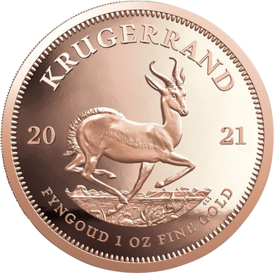 Seite mit dem Springbock im Sprung, darüber KRUGERRAND und links und rechts die Jahreszahl 2021