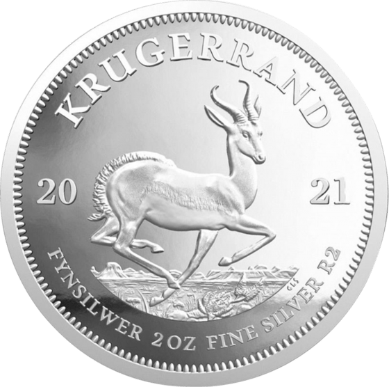 Seite mit dem Springbock im Sprung, darüber KRUGERRAND und links und rechts die Jahreszahl 2021