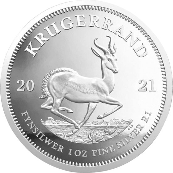 Lado con el springbok en pleno salto, encima la inscripción KRUGERRAND y a izquierda y derecha el año 2021