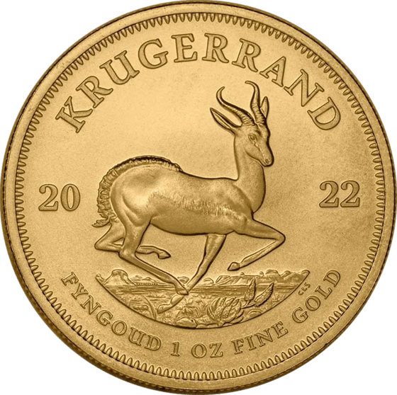 Seite mit dem Springbock im Sprung, darüber KRUGERRAND und links und rechts die Jahreszahl 2022