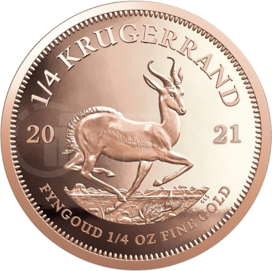 Lado con el springbok en pleno salto, encima la inscripción KRUGERRAND y a izquierda y derecha el año 2021