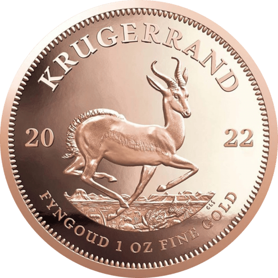 Lado con el springbok en pleno salto, encima la inscripción KRUGERRAND y a izquierda y derecha el año 2022