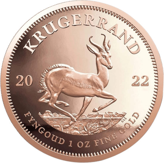 Side with the springbok in mid-leap, KRUGERRAND above it and the year 2022 to the left and right