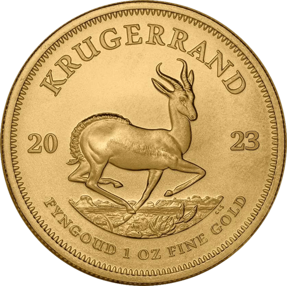 Side with the springbok in mid-leap, KRUGERRAND above it and the year 2023 to the left and right