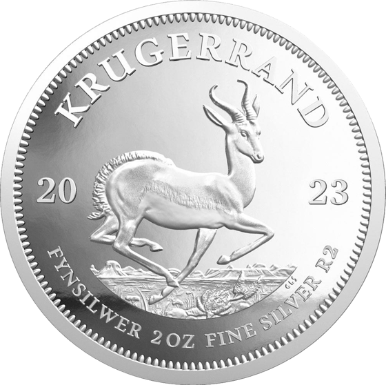 Lado con el springbok en pleno salto, encima la inscripción KRUGERRAND y a izquierda y derecha el año 2023