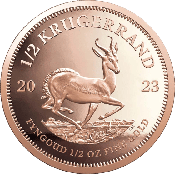Seite mit dem Springbock im Sprung, darüber KRUGERRAND und links und rechts die Jahreszahl 2023