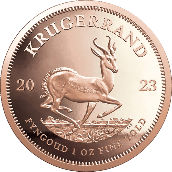 Seite mit dem Springbock im Sprung, darüber KRUGERRAND und links und rechts die Jahreszahl 2023