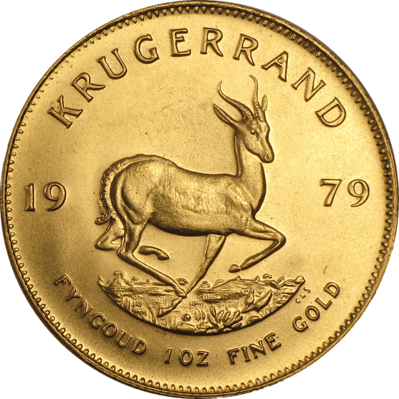 Lado con el springbok en pleno salto, encima la inscripción KRUGERRAND y a izquierda y derecha el año 1979
