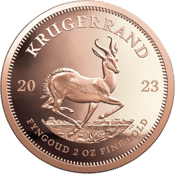 Lado con el springbok en pleno salto, encima la inscripción KRUGERRAND y a izquierda y derecha el año 2023
