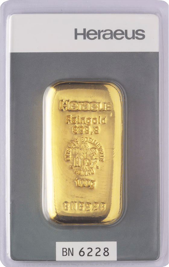 Gegossener Goldbarren mit Heraeus, Feingold 999,9, dem Emblem, dem Gewicht und der Nummer