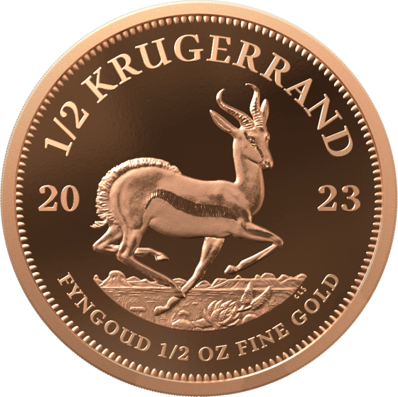 Seite mit dem Springbock im Sprung, darüber KRUGERRAND und links und rechts die Jahreszahl 2023