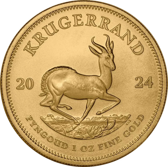 Lado con el springbok en pleno salto, encima la inscripción KRUGERRAND y a izquierda y derecha el año 2024