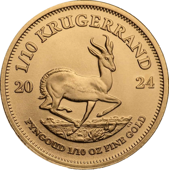 Lado con el springbok en pleno salto, encima la inscripción KRUGERRAND y a izquierda y derecha el año 2024