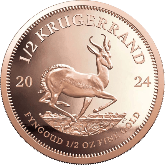 Lado con el springbok en pleno salto, encima la inscripción KRUGERRAND y a izquierda y derecha el año 2024