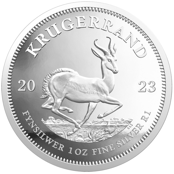 Seite mit dem Springbock im Sprung, darüber KRUGERRAND und links und rechts die Jahreszahl 2023