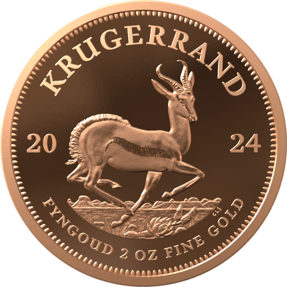 Lado con el springbok en pleno salto, encima la inscripción KRUGERRAND y a izquierda y derecha el año 2024