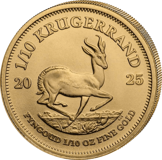Lado con el springbok en pleno salto, encima la inscripción KRUGERRAND y a izquierda y derecha el año 2025