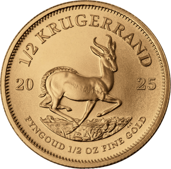 Lado con el springbok en pleno salto, encima la inscripción KRUGERRAND y a izquierda y derecha el año 2025