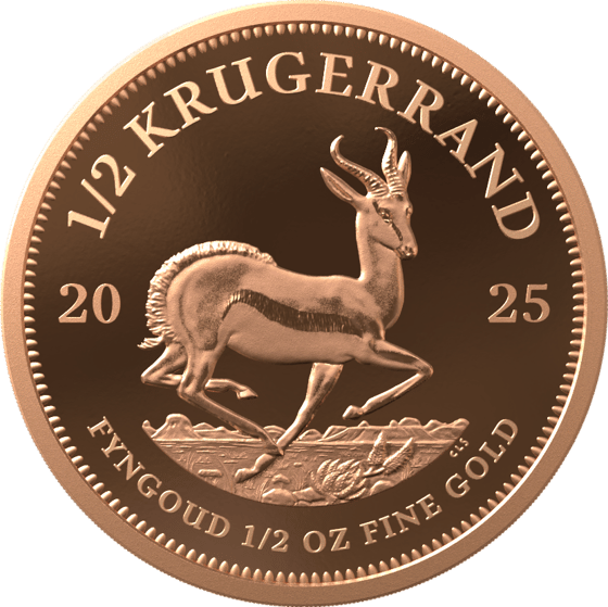 Seite mit dem Springbock im Sprung, darüber KRUGERRAND und links und rechts die Jahreszahl 2025
