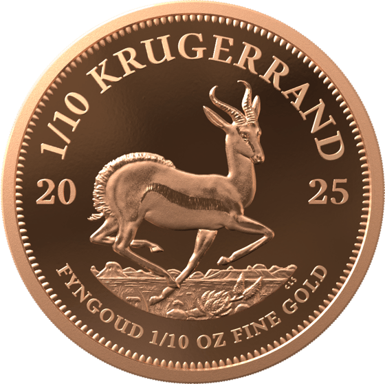 Seite mit dem Springbock im Sprung, darüber KRUGERRAND und links und rechts die Jahreszahl 2025