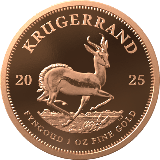 Seite mit dem Springbock im Sprung, darüber KRUGERRAND und links und rechts die Jahreszahl 2025