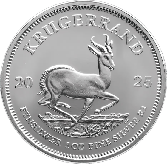 Seite mit dem Springbock im Sprung, darüber KRUGERRAND und links und rechts die Jahreszahl 2025