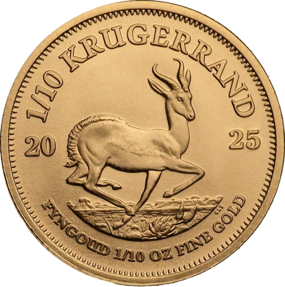 Seite mit dem Springbock im Sprung, darüber KRUGERRAND und links und rechts die Jahreszahl 2025