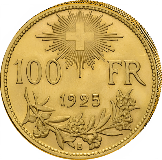 Vreneli 100 Franken, Wertseite: Schweizerkreuz im Strahlenkranz, 100 FR und die Jahreszahl 1925