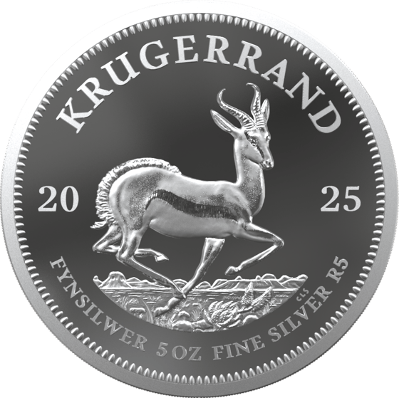 Lado con el springbok en pleno salto, encima la inscripción KRUGERRAND y a izquierda y derecha el año 2025