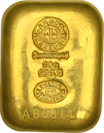 Lingote de oro fundido con Argor-Heraeus SA, Switzerland, el peso, la ley, la marca de ensayador y el número
