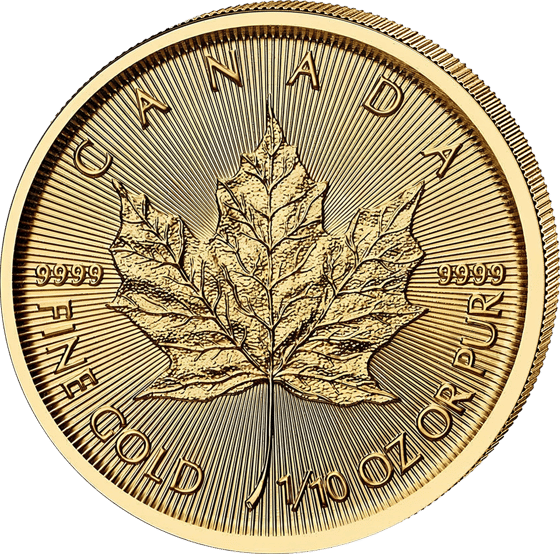 Lado con la hoja de arce, encima la inscripción CANADA y a lo largo del borde el peso y la ley en inglés y en francés