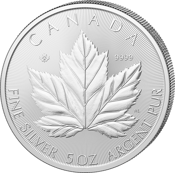 Seite mit dem Ahornblatt, darüber CANADA, am Rand Gewicht und Feinheit auf Englisch und Französisch