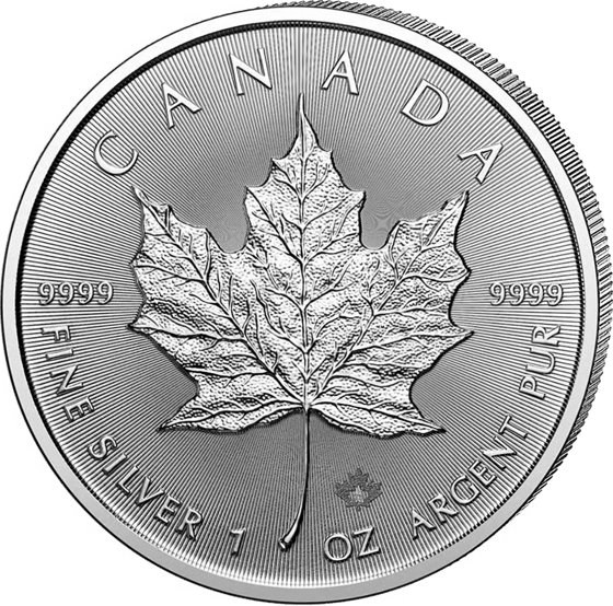 Seite mit dem Ahornblatt, darüber CANADA, am Rand Gewicht und Feinheit auf Englisch und Französisch