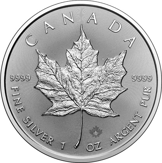 Side with the maple leaf, CANADA above it and the weight and fineness in English and French along the rim