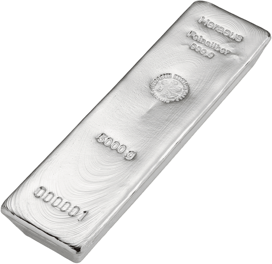 Silver bar bearing Heraeus, Feinsilber, the emblem and the weight