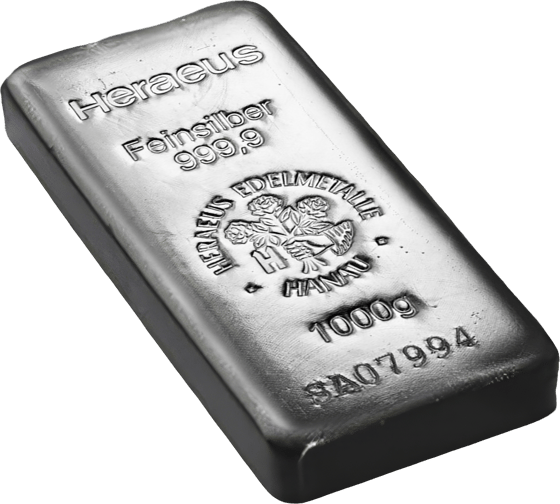 Lingote de plata con Heraeus, Feinsilber, el emblema y el peso