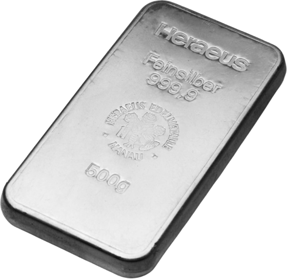 Silberbarren mit Heraeus, Feinsilber, dem Emblem und dem Gewicht