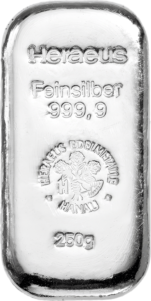 Lingote de plata con Heraeus, Feinsilber, el emblema y el peso